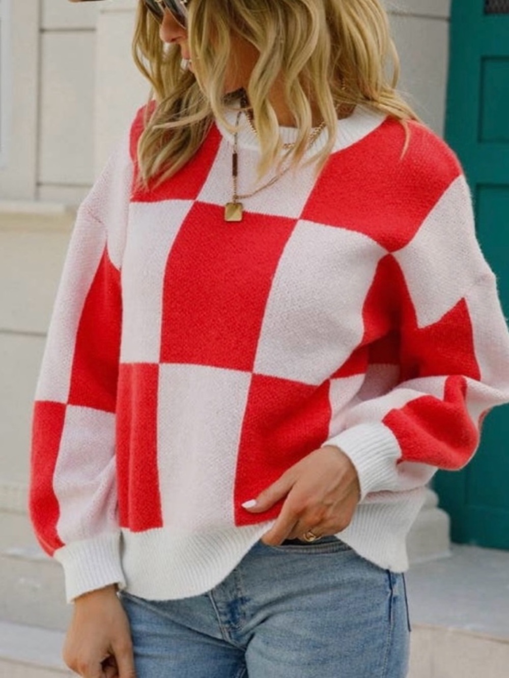 Red and White Checkerboard Knit Sweater - Picture 2 of 6